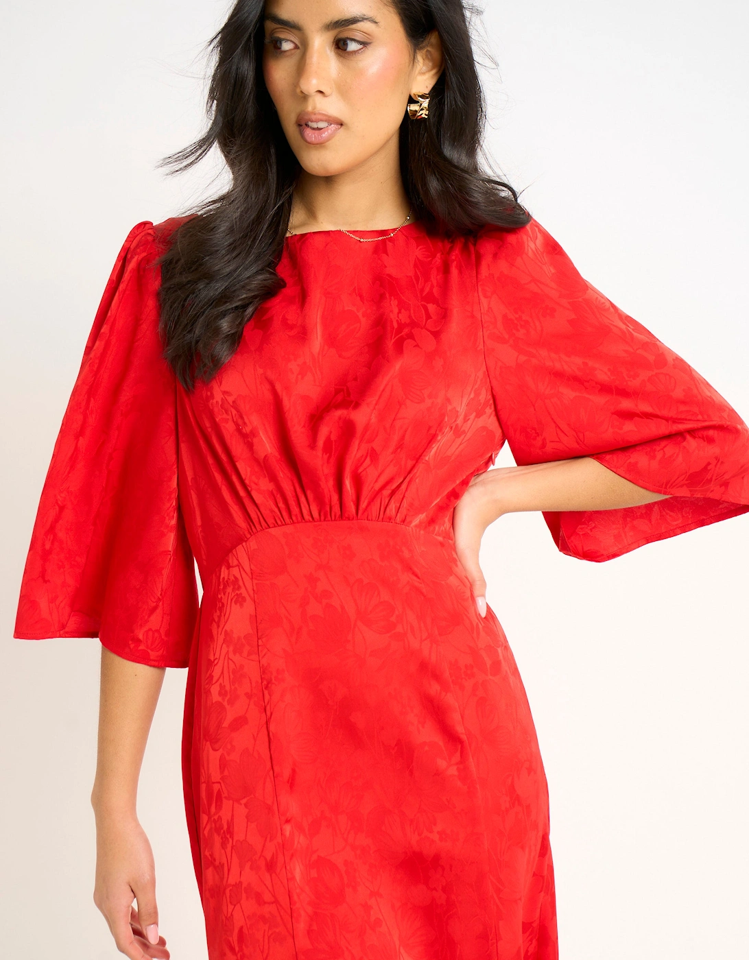 Red Satin Jacquard Midi Dress