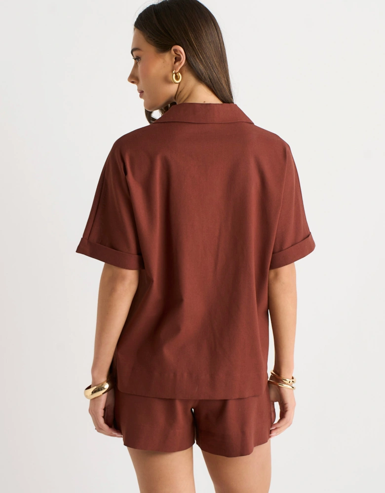 Chocolate Viscose and Linen Blend Oversized Button Through Shirt