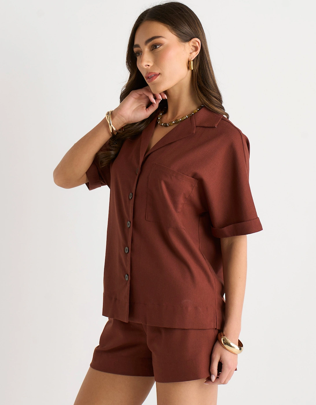 Chocolate Viscose and Linen Blend Oversized Button Through Shirt