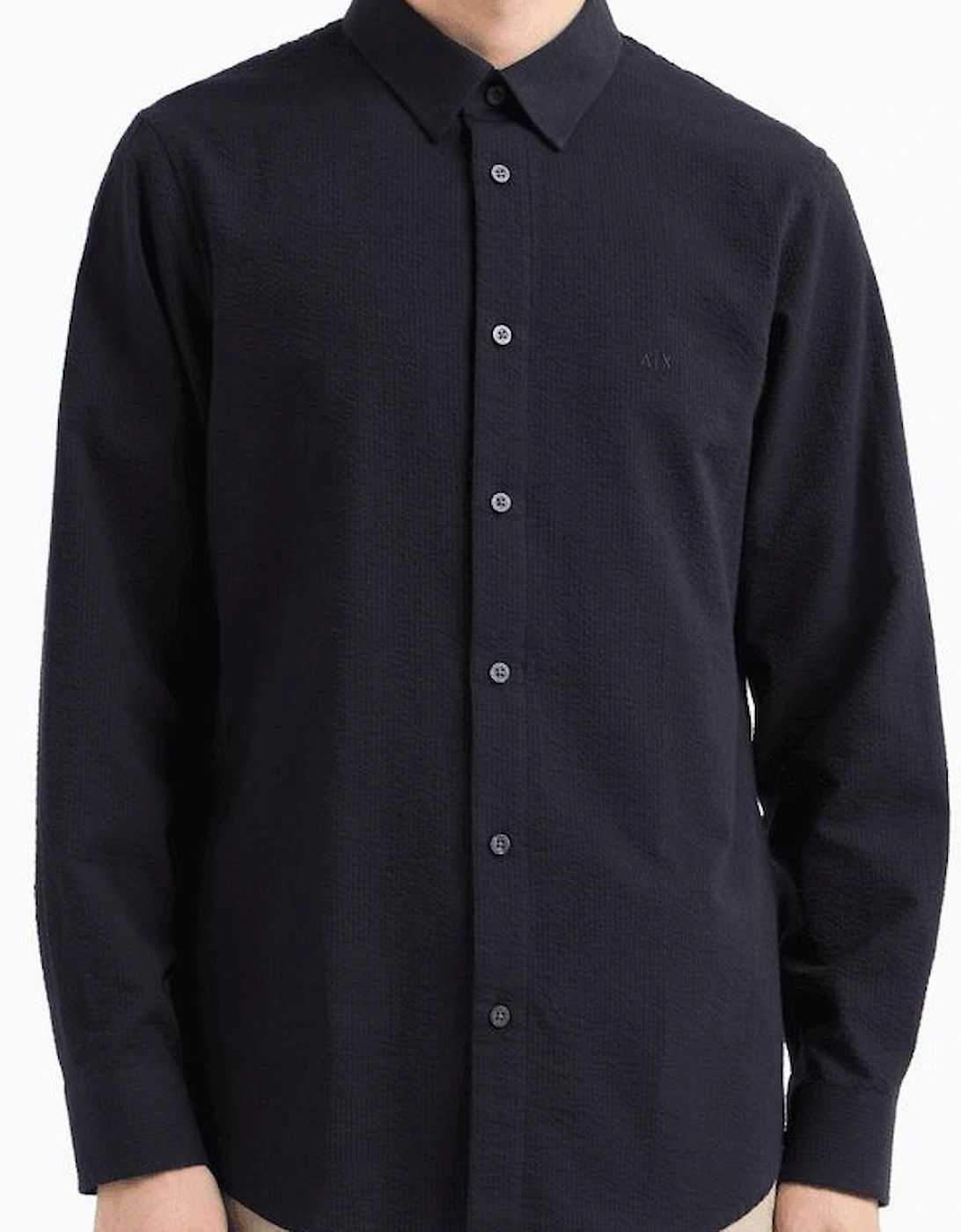 Seersucker Textured Long Sleeve Navy Shirt