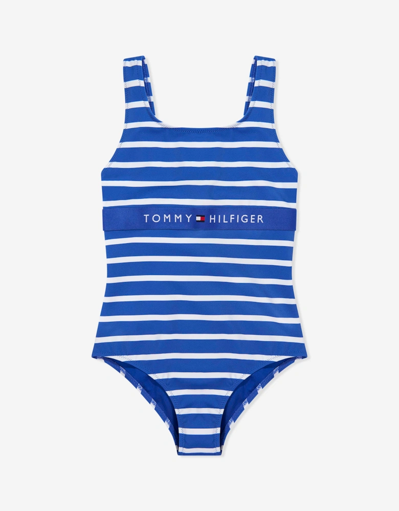 Tommy Hilfiger Girls Square Neck Striped Swimsuit in Blue