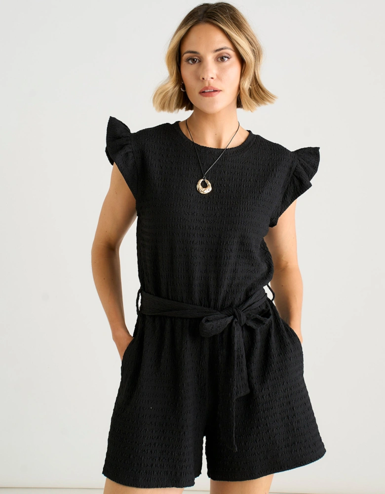 Black Stretch Texture Frill Elasticated Waist Playsuit