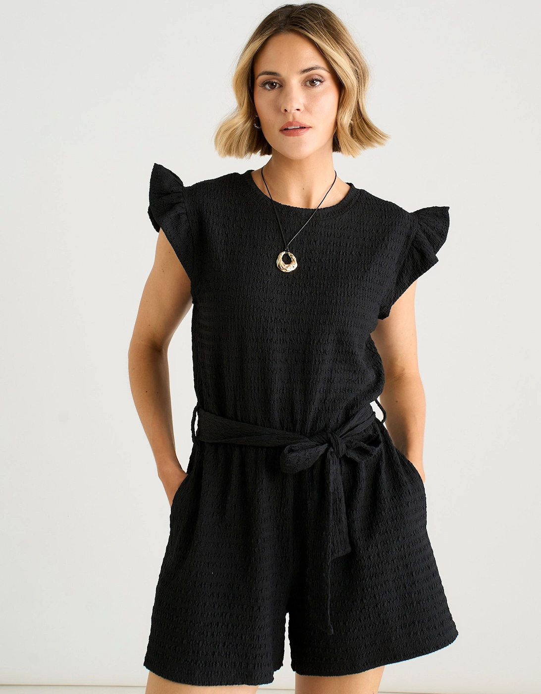 Black Stretch Texture Frill Elasticated Waist Playsuit