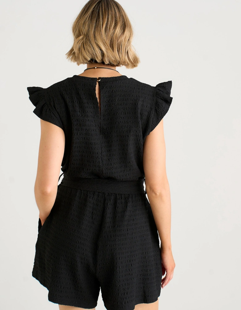 Black Stretch Texture Frill Elasticated Waist Playsuit