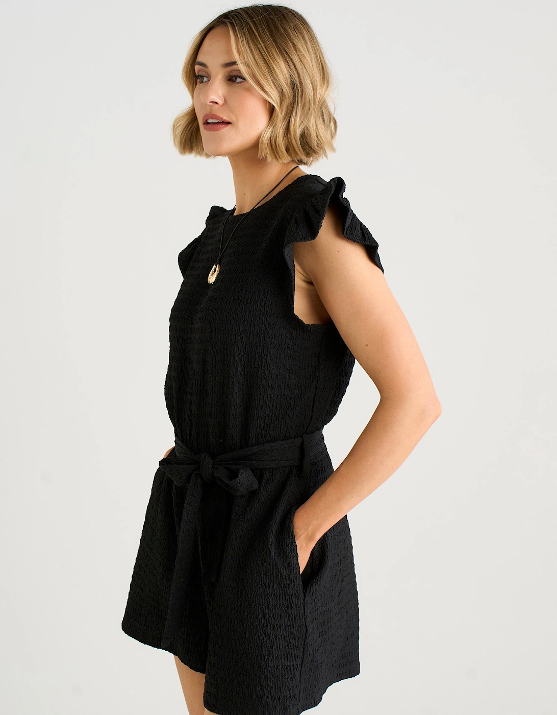 Black Stretch Texture Frill Elasticated Waist Playsuit