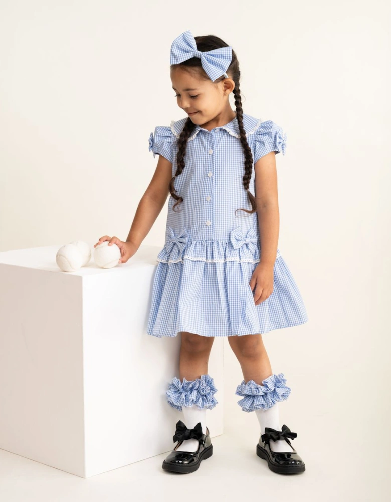 Girls Pale Blue Gingham Ruffle Socks