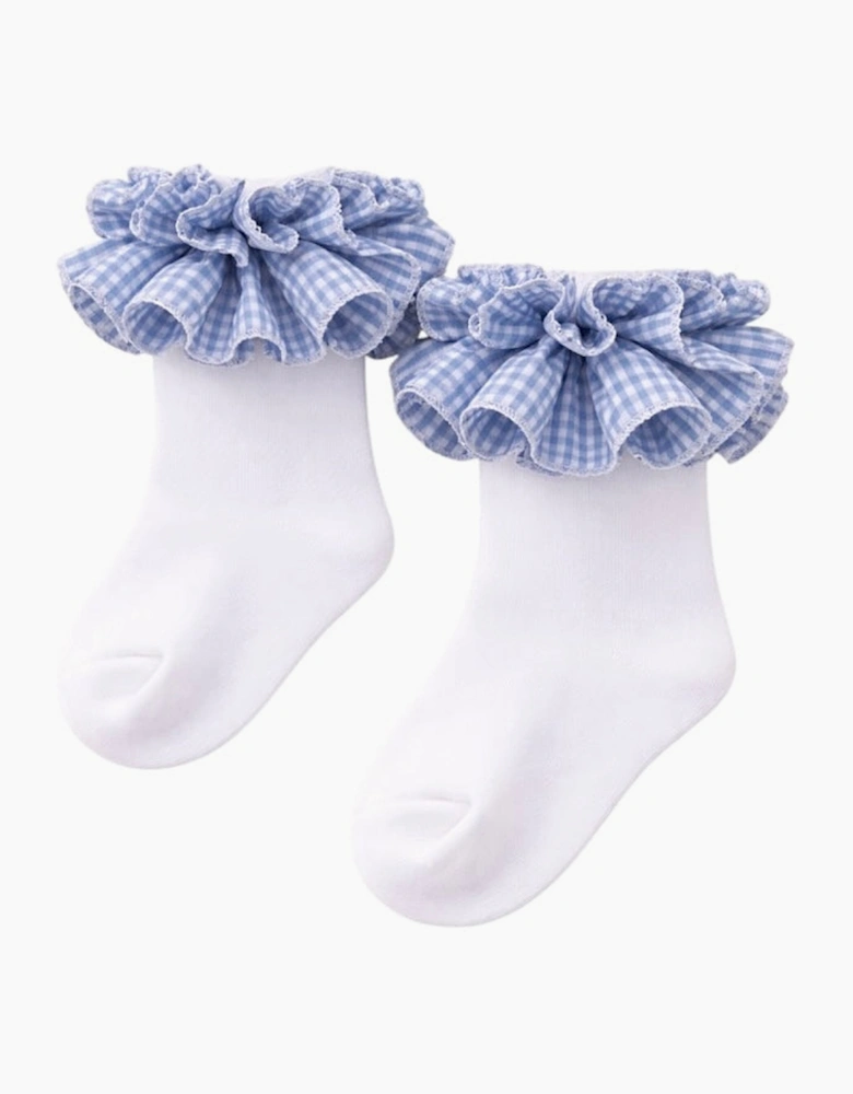 Girls Pale Blue Gingham Ruffle Socks