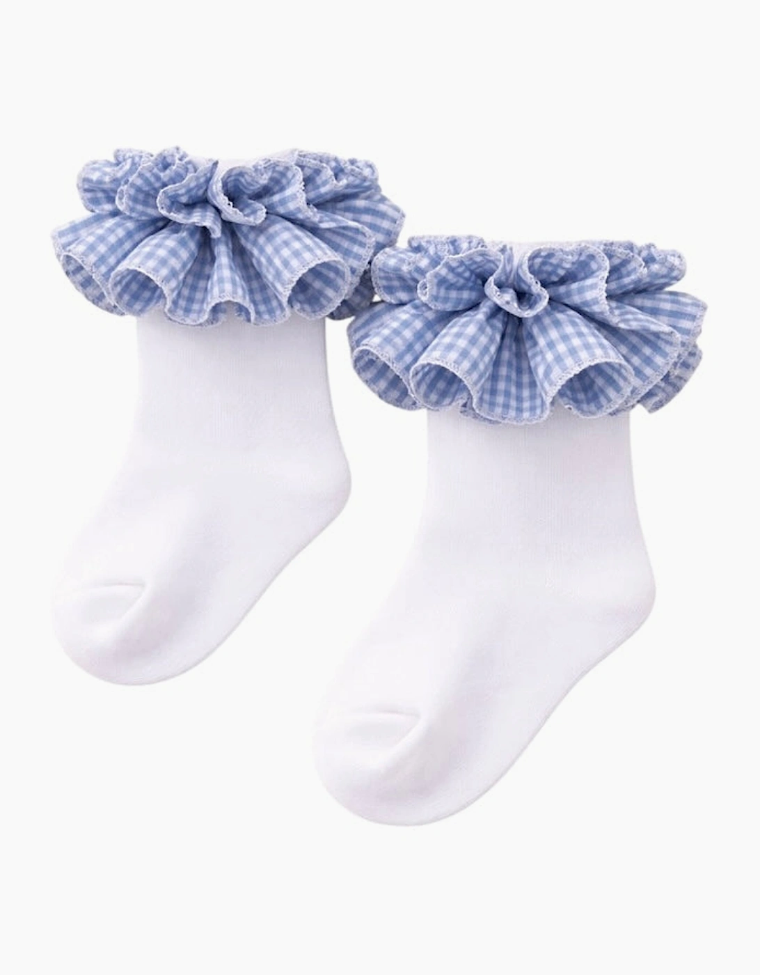 Girls Pale Blue Gingham Ruffle Socks