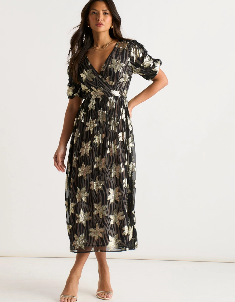 Black Floral Lurex Wrap Front Dress