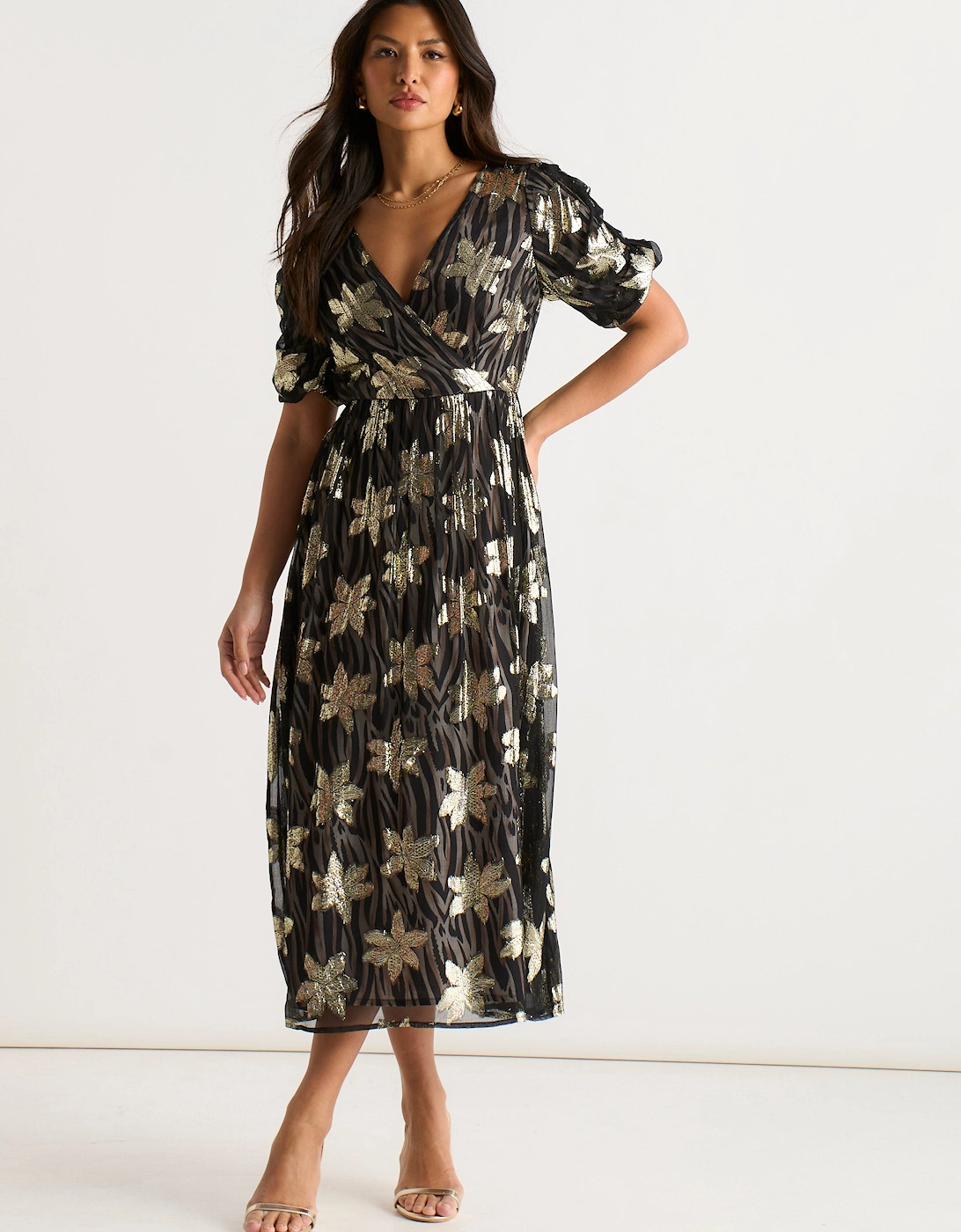 Black Floral Lurex Wrap Front Dress