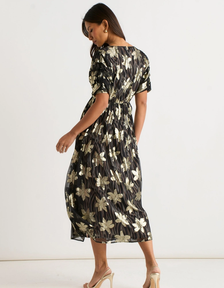 Black Floral Lurex Wrap Front Dress
