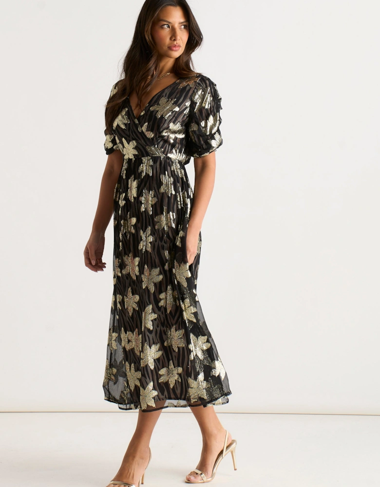 Black Floral Lurex Wrap Front Dress