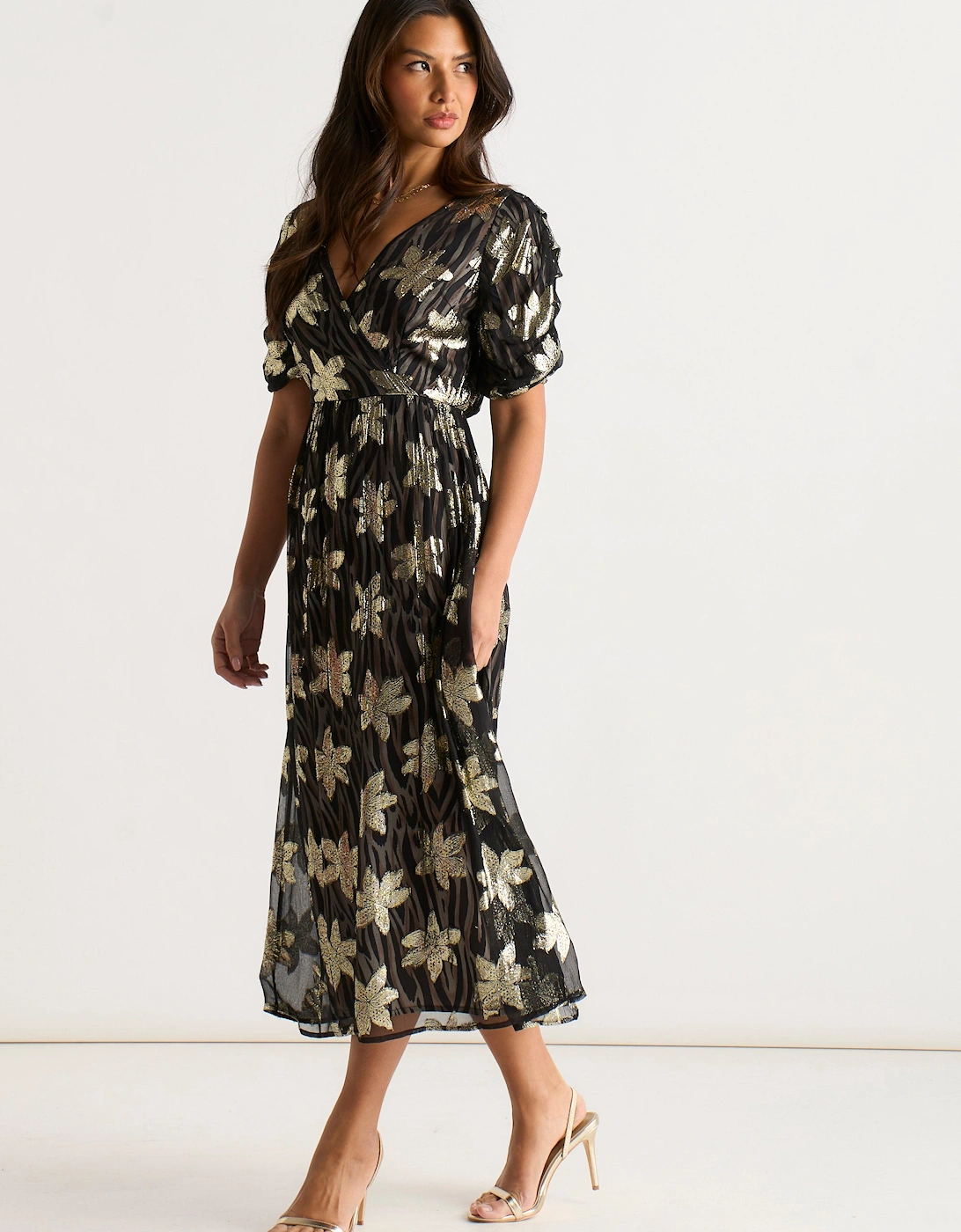 Black Floral Lurex Wrap Front Dress