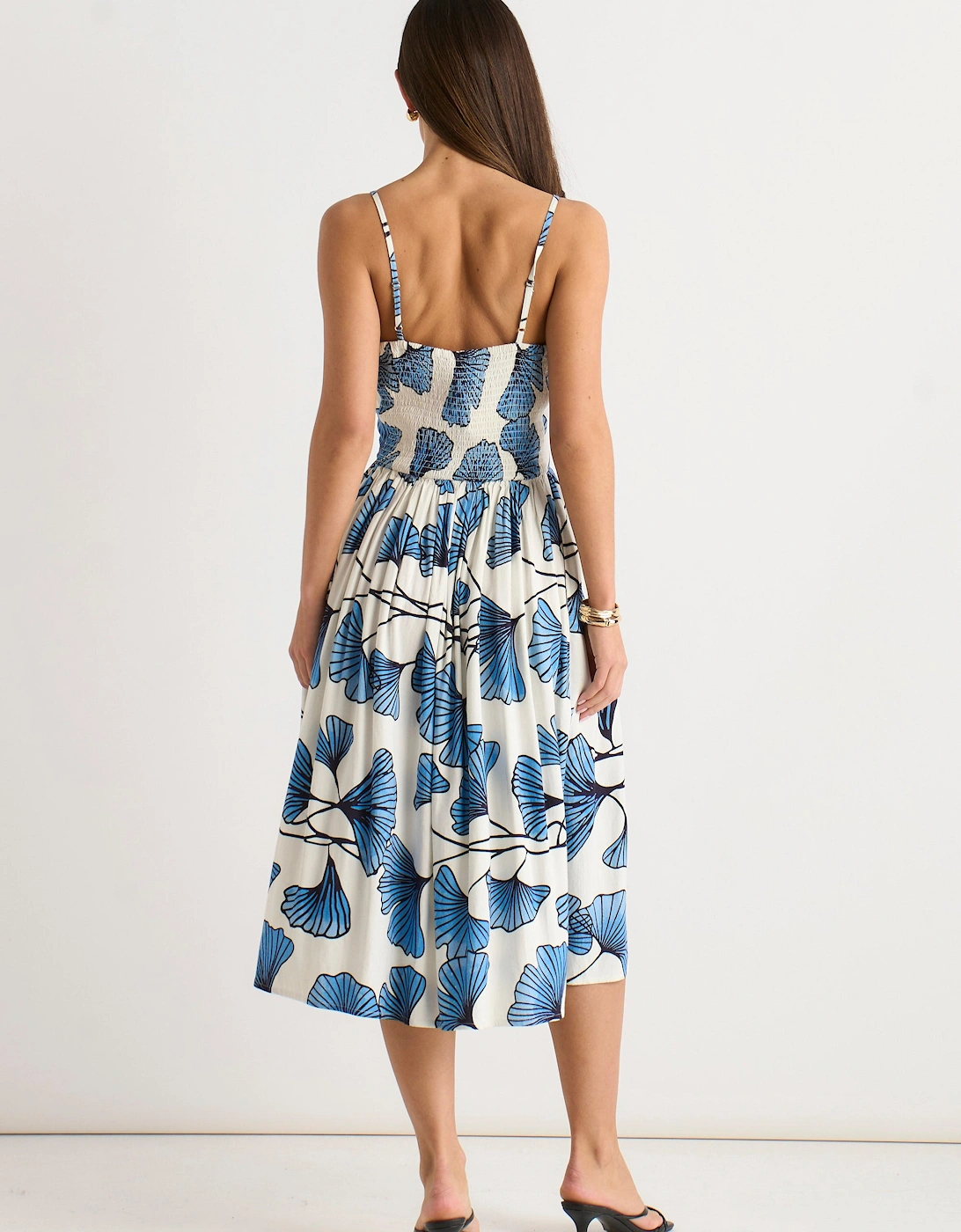 Blue Floral Viscose Linen Blend Cami Dress