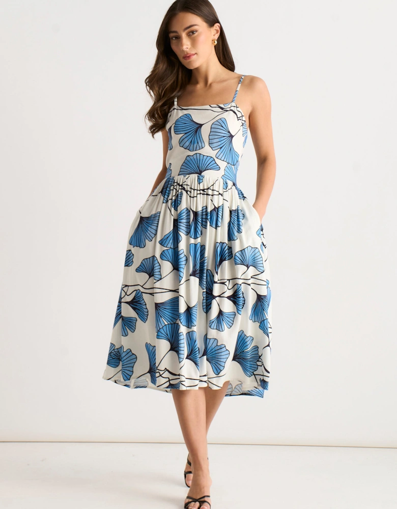 Blue Floral Viscose Linen Blend Cami Dress
