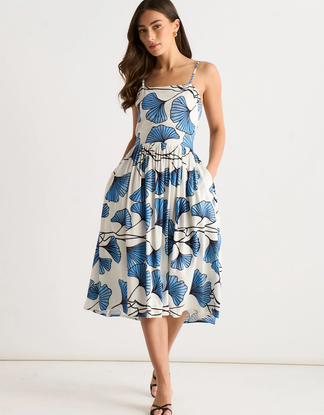 Blue Floral Viscose Linen Blend Cami Dress