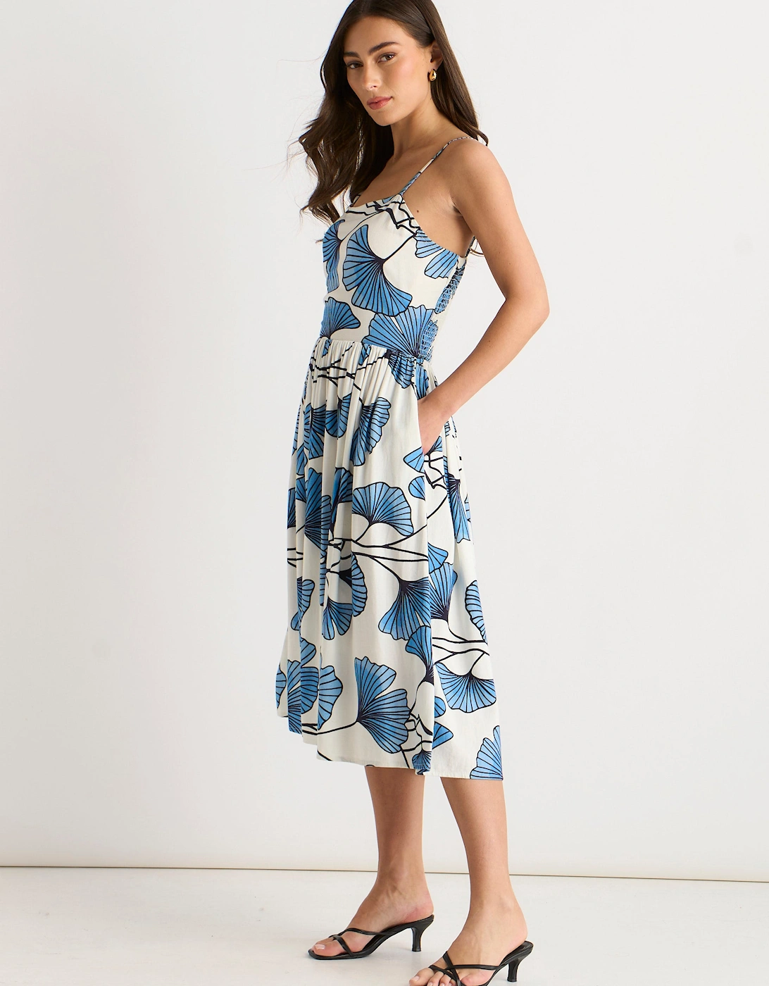 Blue Floral Viscose Linen Blend Cami Dress