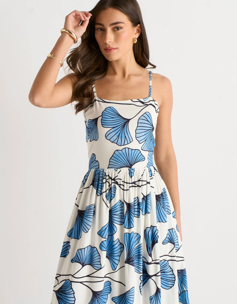 Blue Floral Viscose Linen Blend Cami Dress
