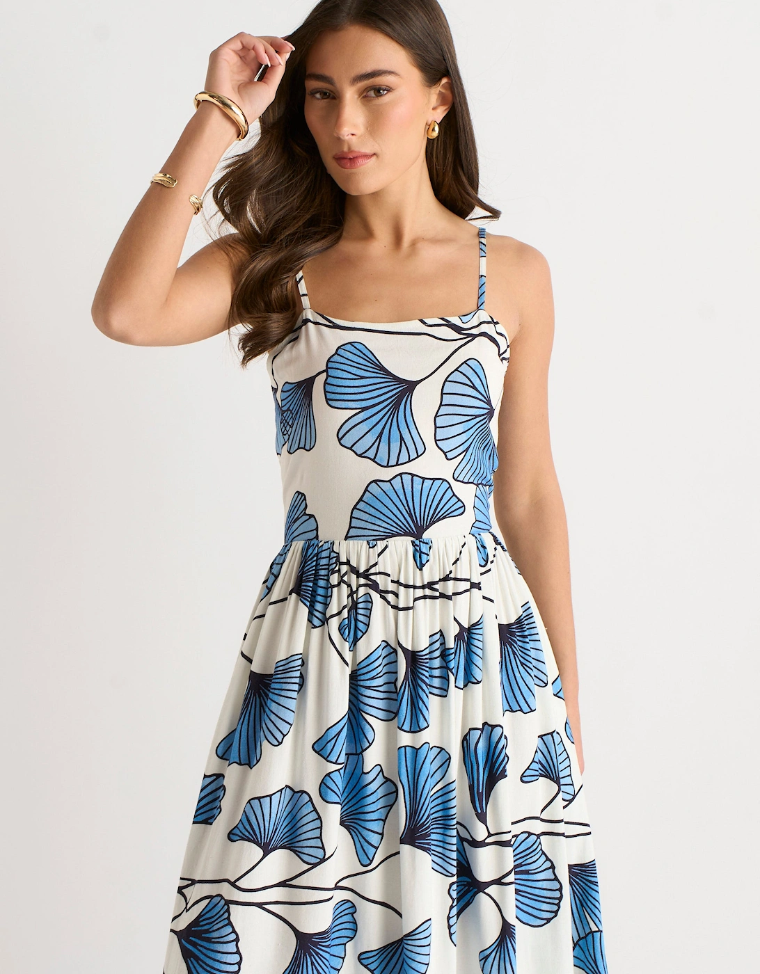 Blue Floral Viscose Linen Blend Cami Dress