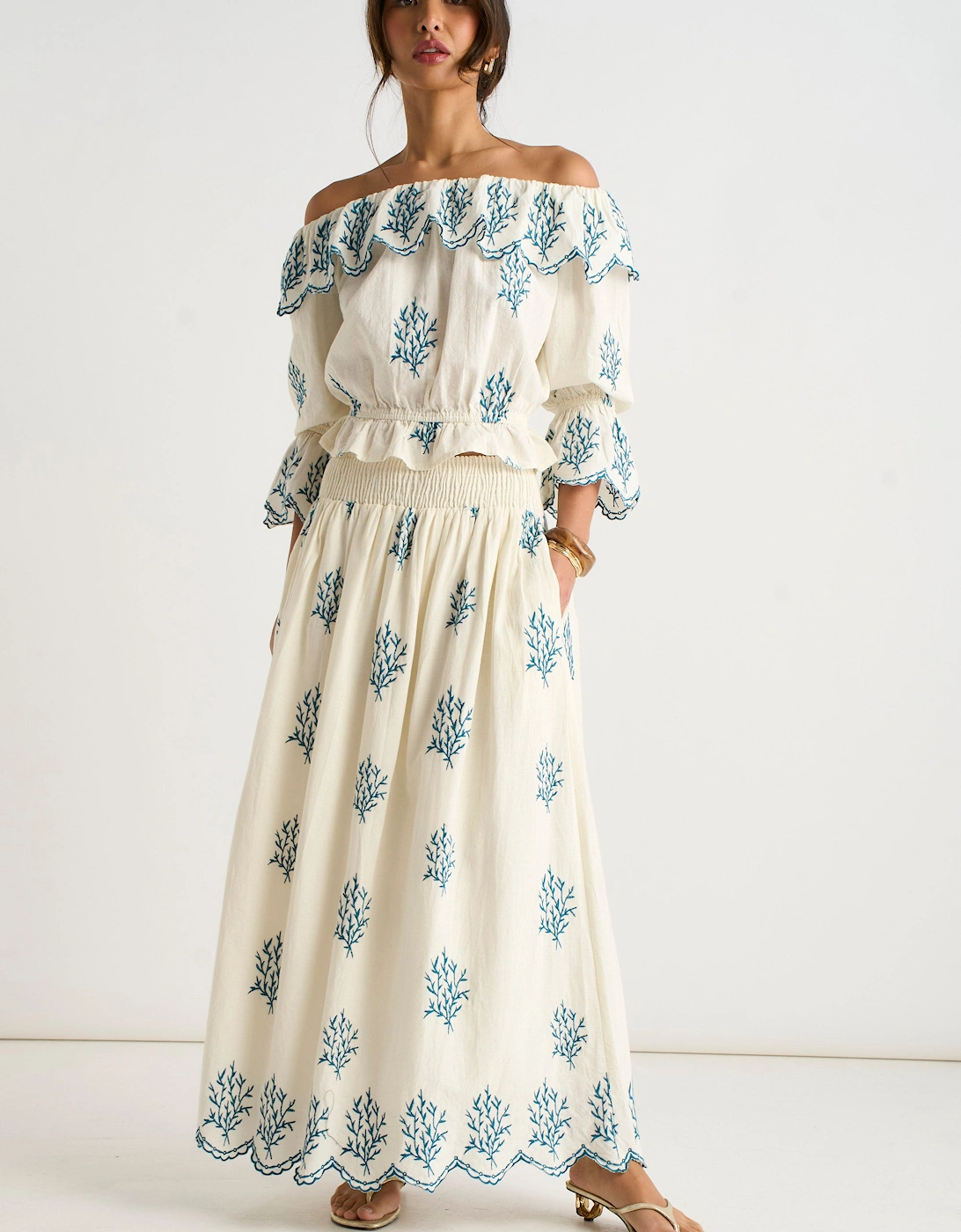 Marshmallow Cotton Embroidered Skater Maxi Skirt