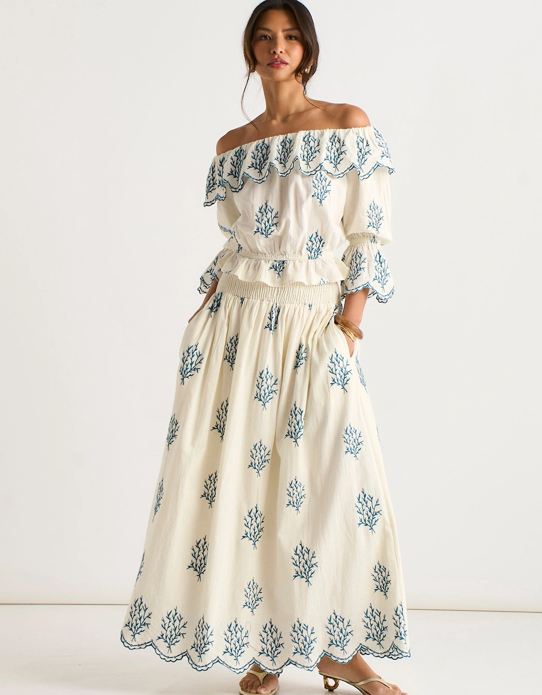 Marshmallow Cotton Embroidered Skater Maxi Skirt