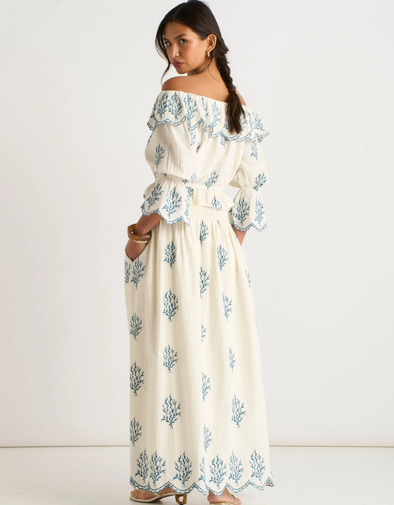 Marshmallow Cotton Embroidered Skater Maxi Skirt