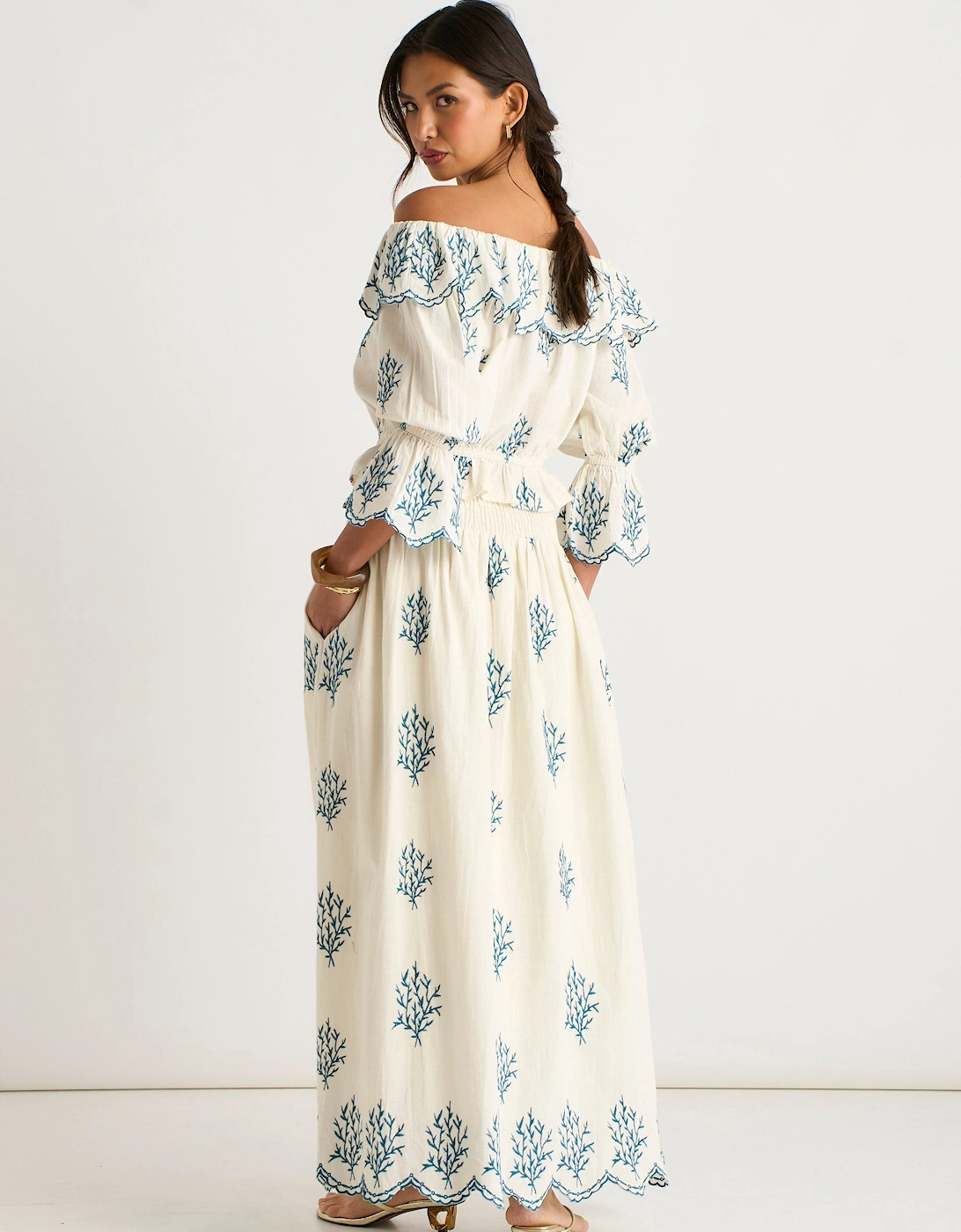Marshmallow Cotton Embroidered Skater Maxi Skirt