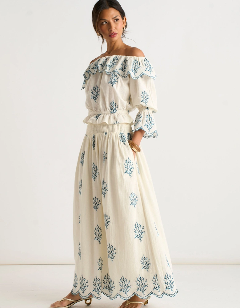 Marshmallow Cotton Embroidered Skater Maxi Skirt
