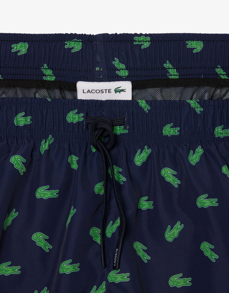 Lacoste Mid Length Crocodile Print Mens Swim Trunks - Navy Blue 166