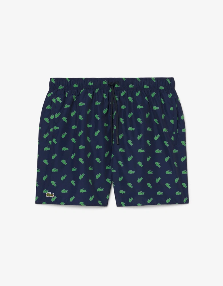Lacoste Mid Length Crocodile Print Mens Swim Trunks - Navy Blue 166
