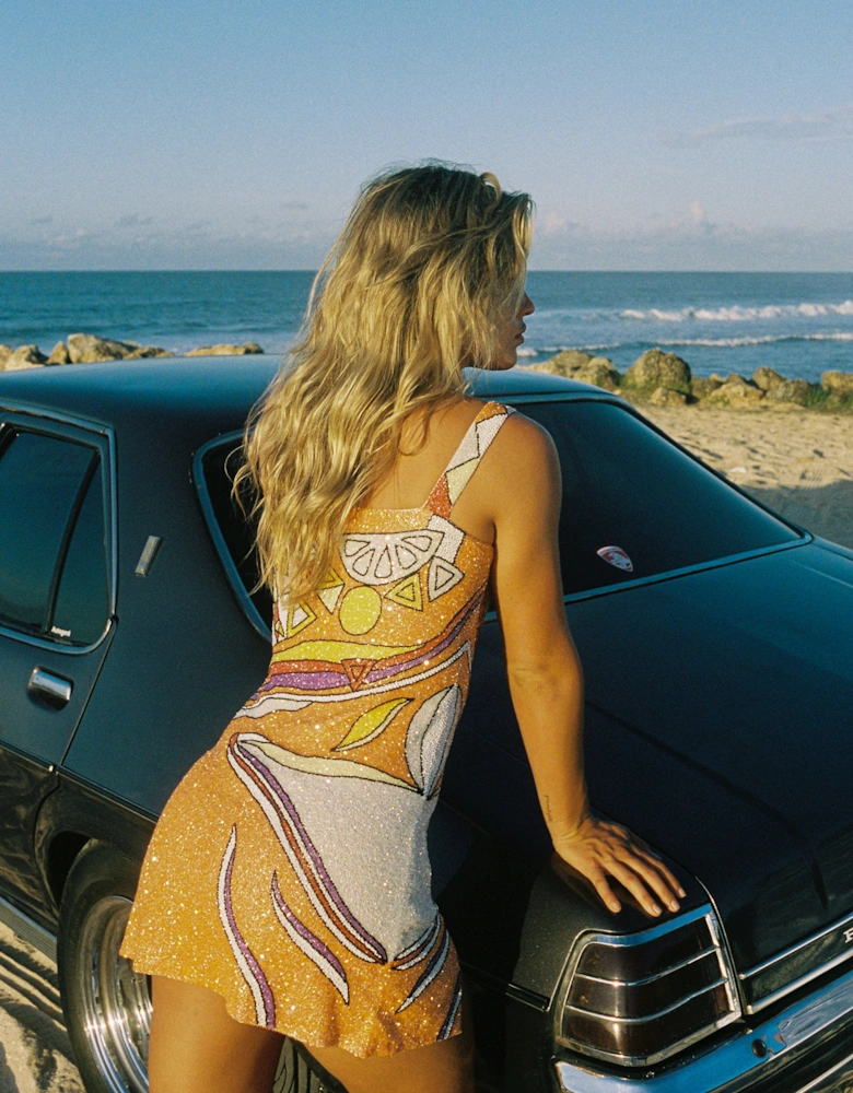 Palm Beach Hand-Beaded Mini Dress Orange