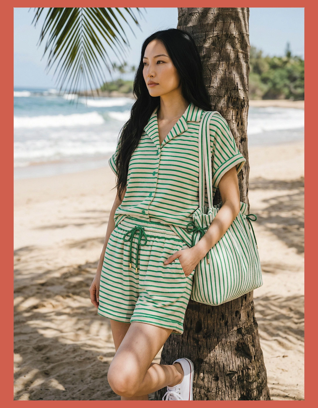 Talinn Towelling Cotton Striped Shorts - Green Mix