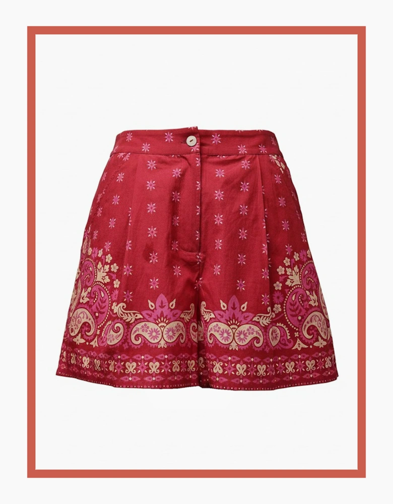 Idaho Printed Paisley Cotton Shorts-Red Mix