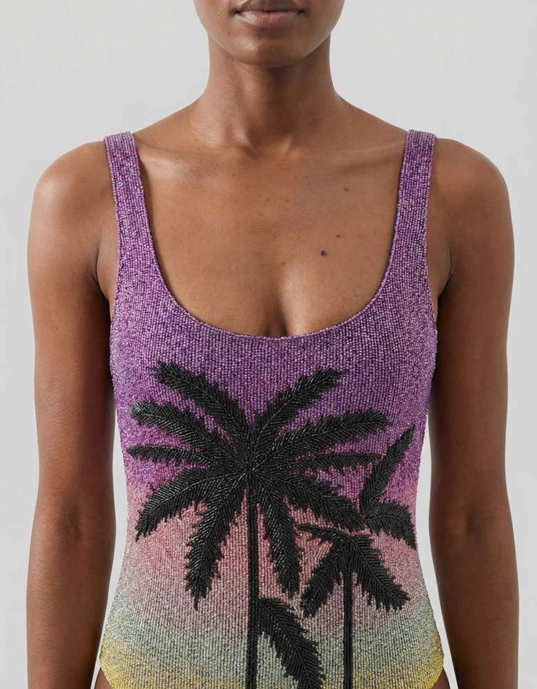 Palm Dusk Scoop Swimsuit Black Palm Tree - Green Ombre