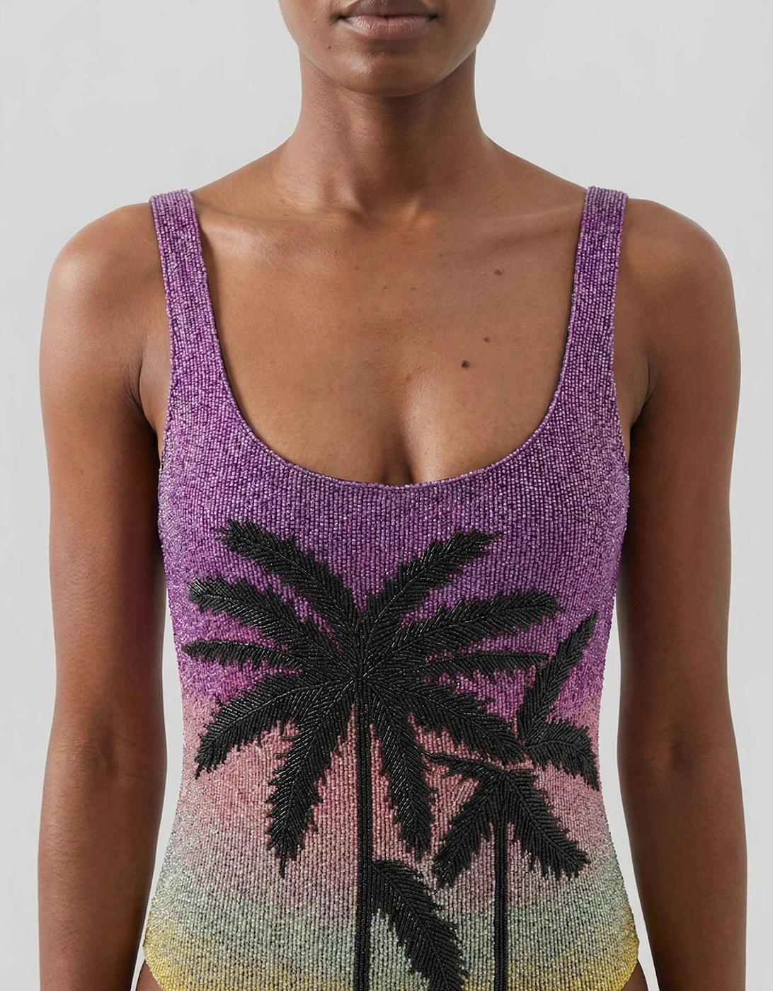 Palm Dusk Scoop Swimsuit Black Palm Tree - Green Ombre