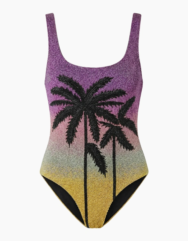 Palm Dusk Scoop Swimsuit Black Palm Tree - Green Ombre