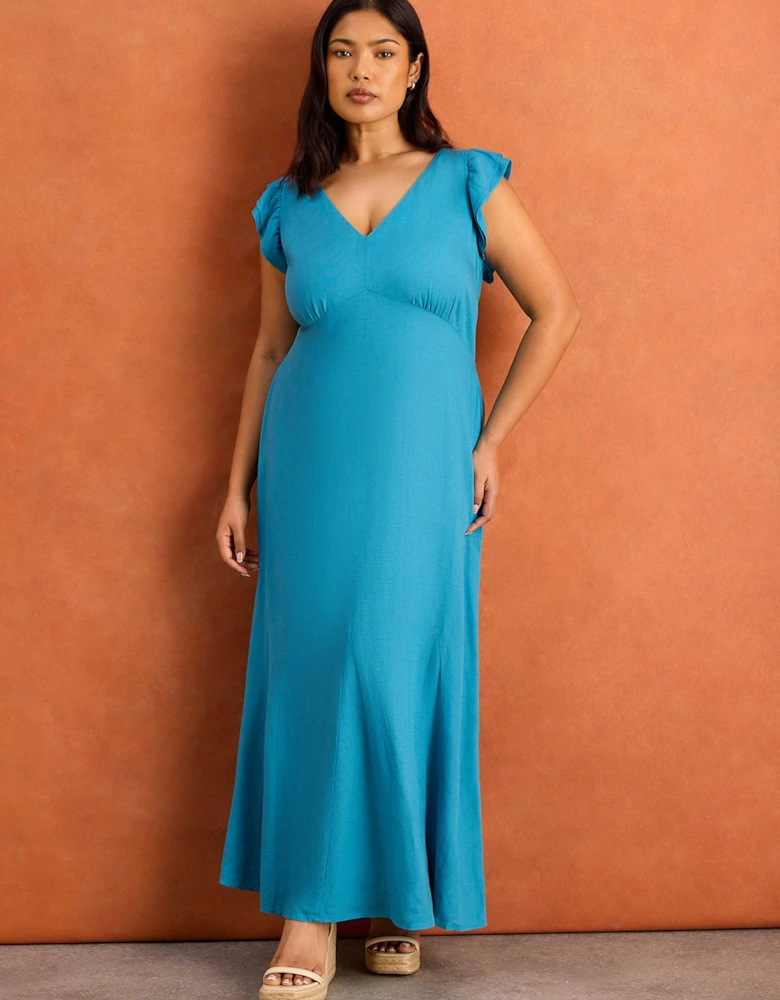 Blue Frill Sleeve Linen Blend Midi Dress