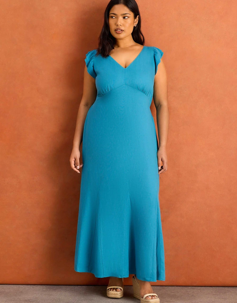 Blue Frill Sleeve Linen Blend Midi Dress