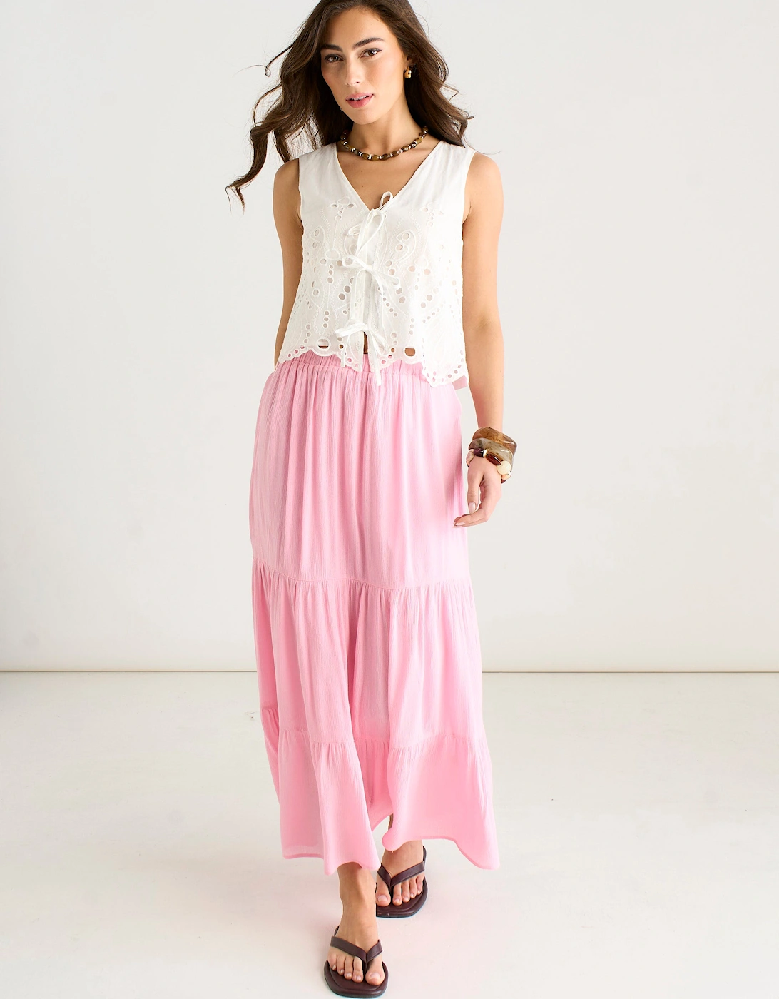 Gini London Women's Pink Viscose Tiered Skater Maxi Skirt - Size: 14