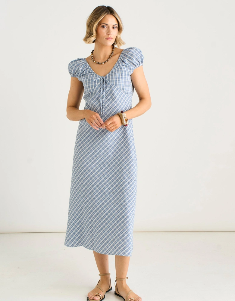 Blue V Neck Textured Gingham Midi Dress