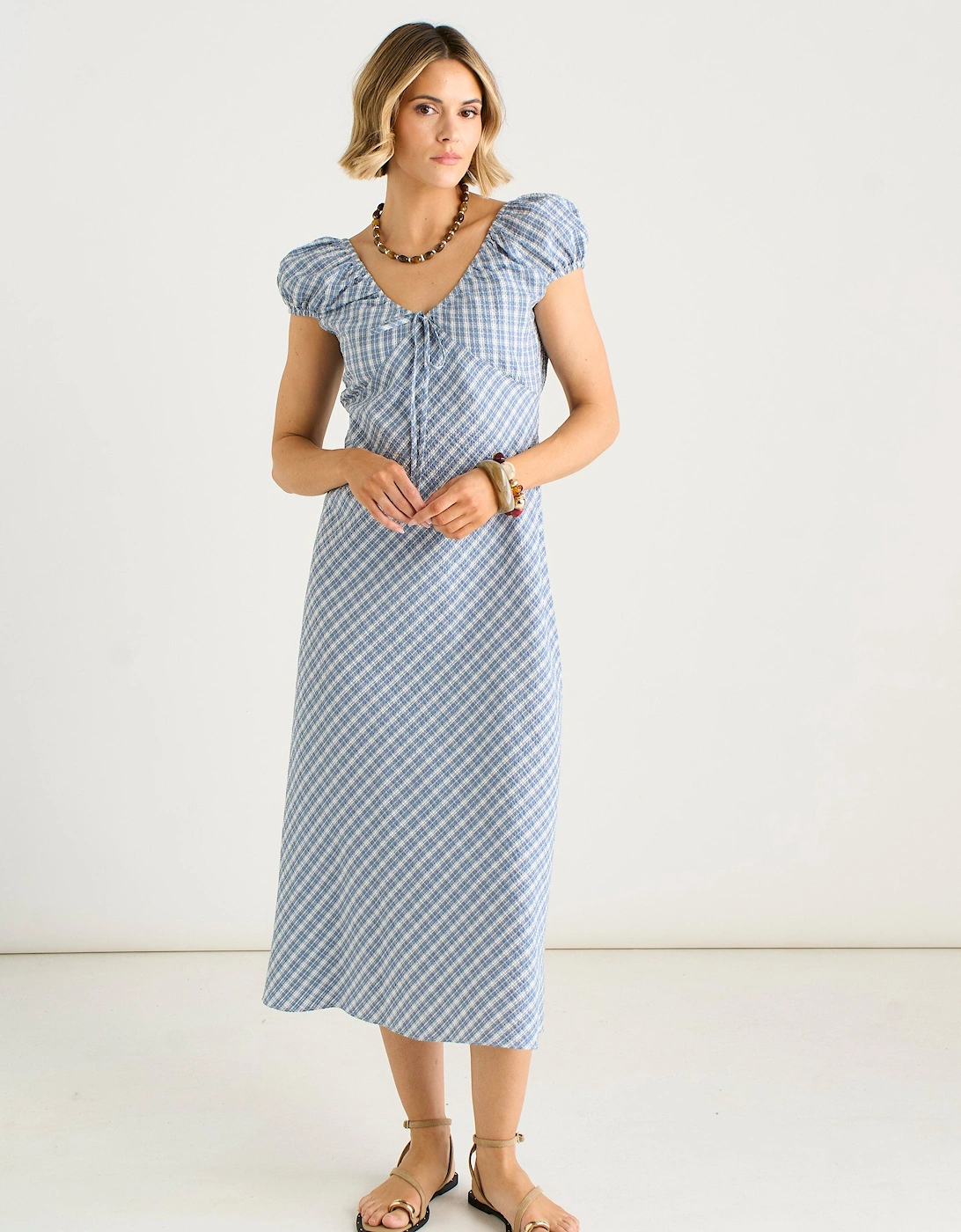Blue V Neck Textured Gingham Midi Dress