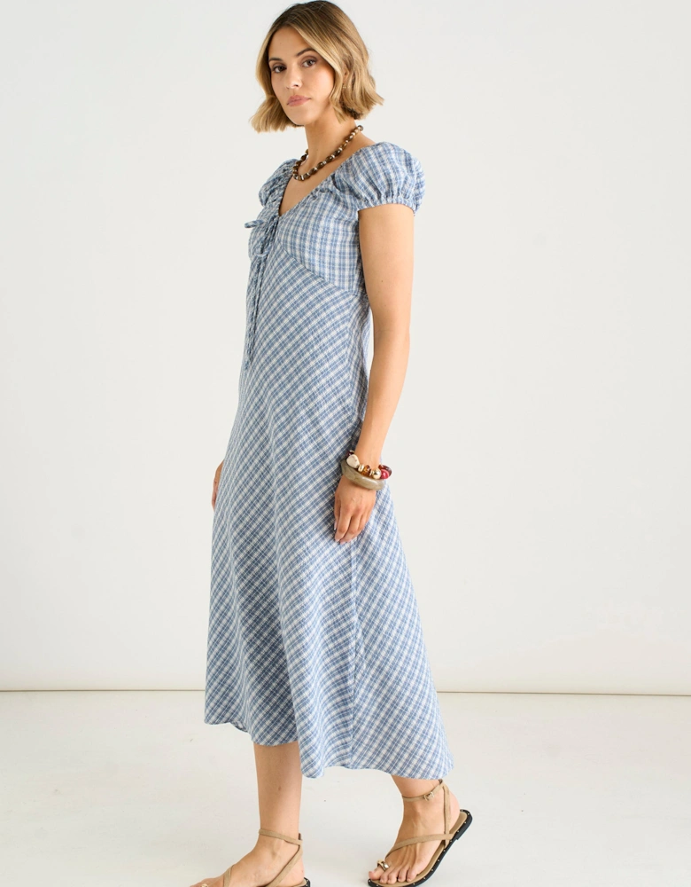 Blue V Neck Textured Gingham Midi Dress