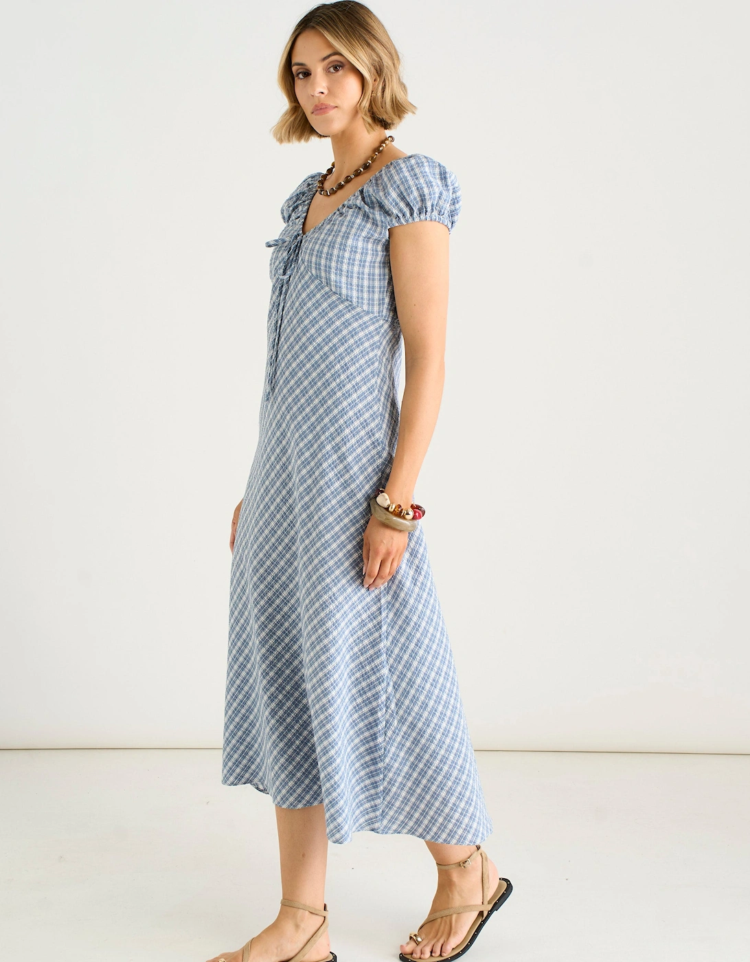 Blue V Neck Textured Gingham Midi Dress