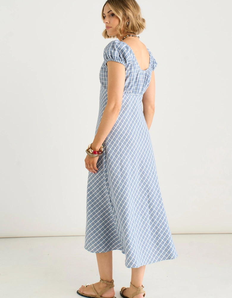 Blue V Neck Textured Gingham Midi Dress