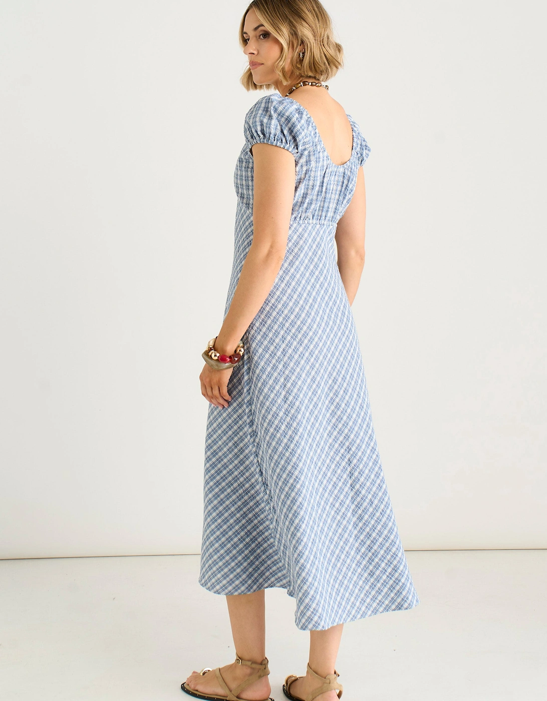 Blue V Neck Textured Gingham Midi Dress