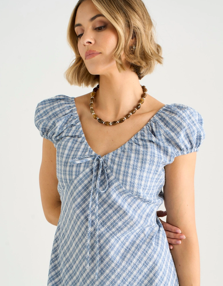 Blue V Neck Textured Gingham Midi Dress