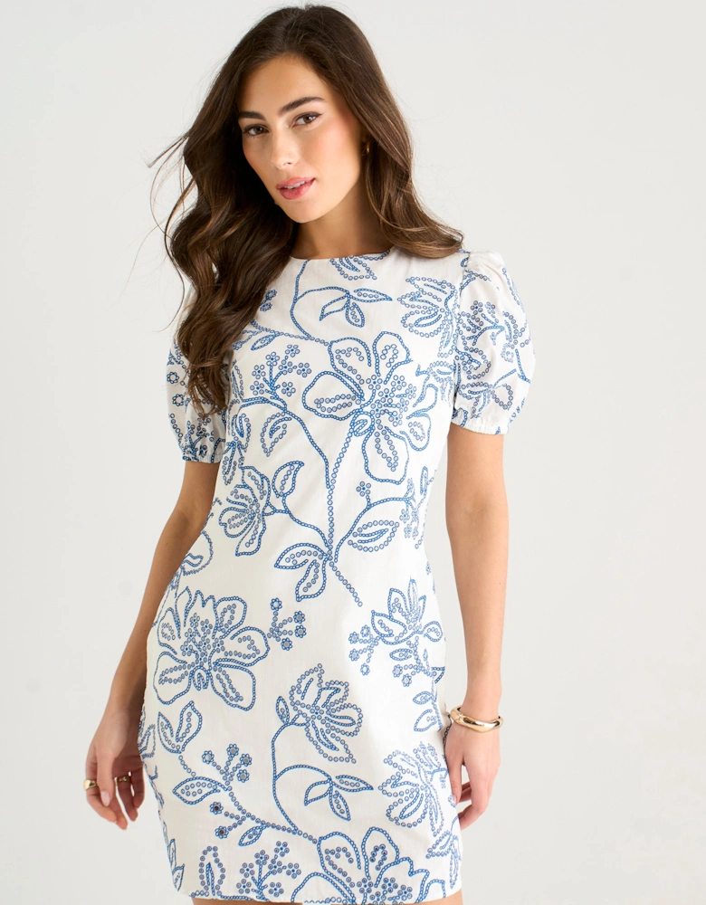 White & Blue Floral Print Mini Dress