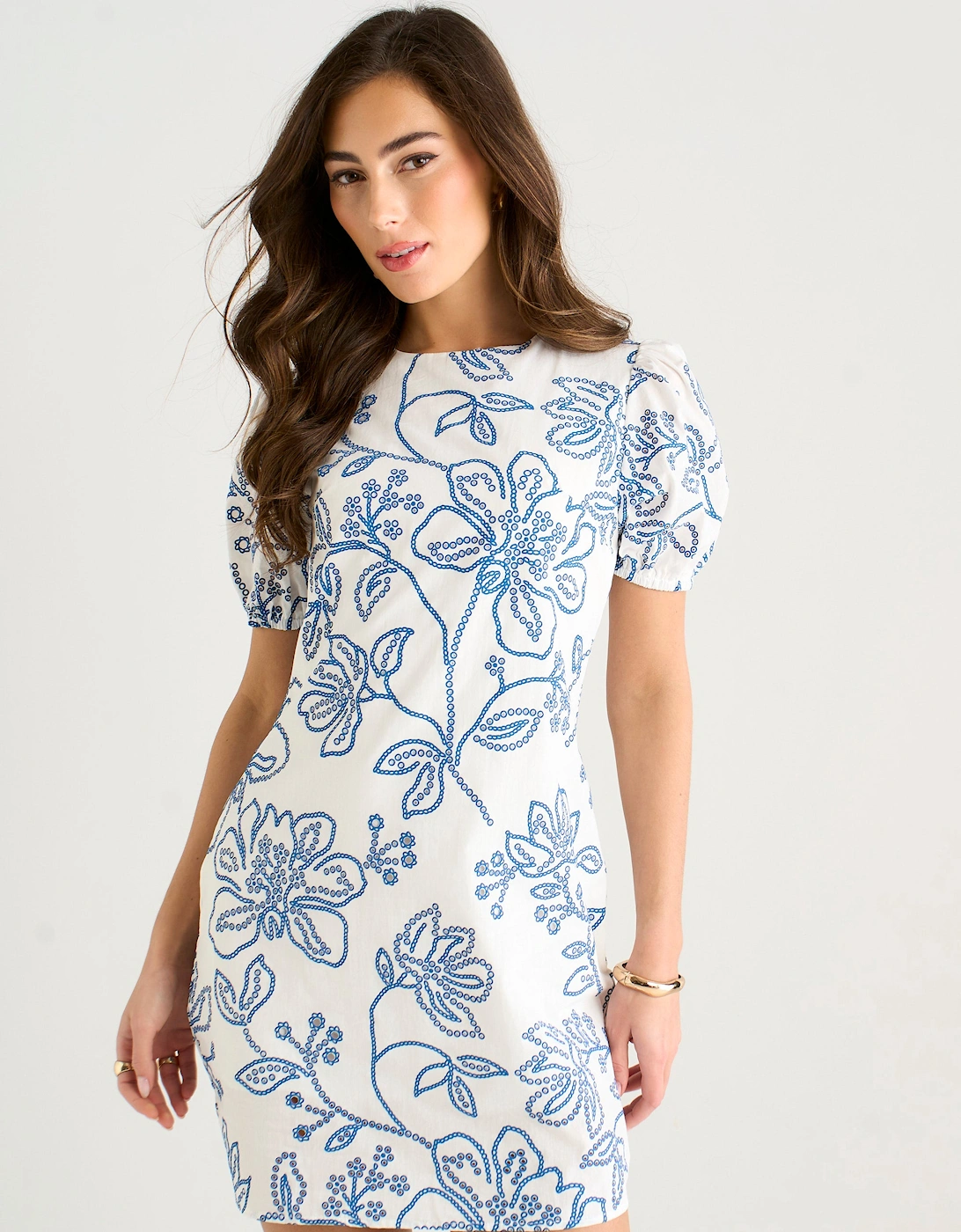 White & Blue Floral Print Mini Dress