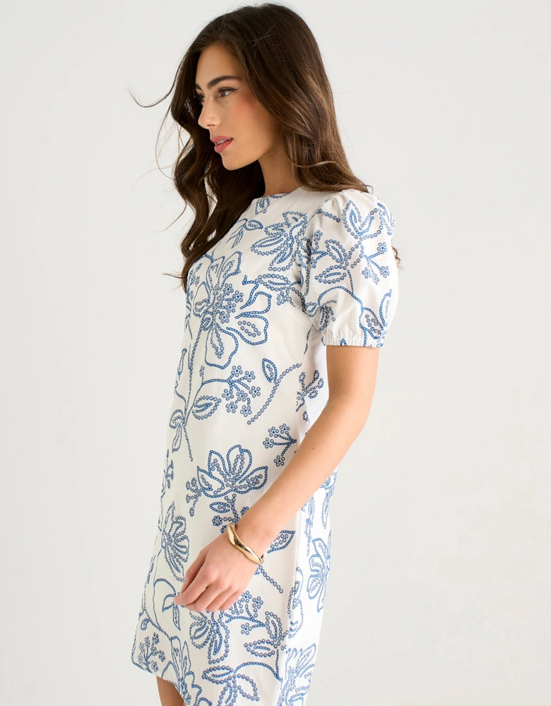 White & Blue Floral Print Mini Dress