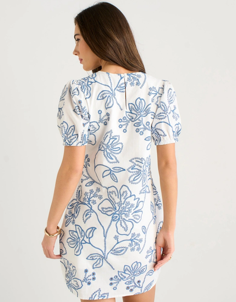 White & Blue Floral Print Mini Dress